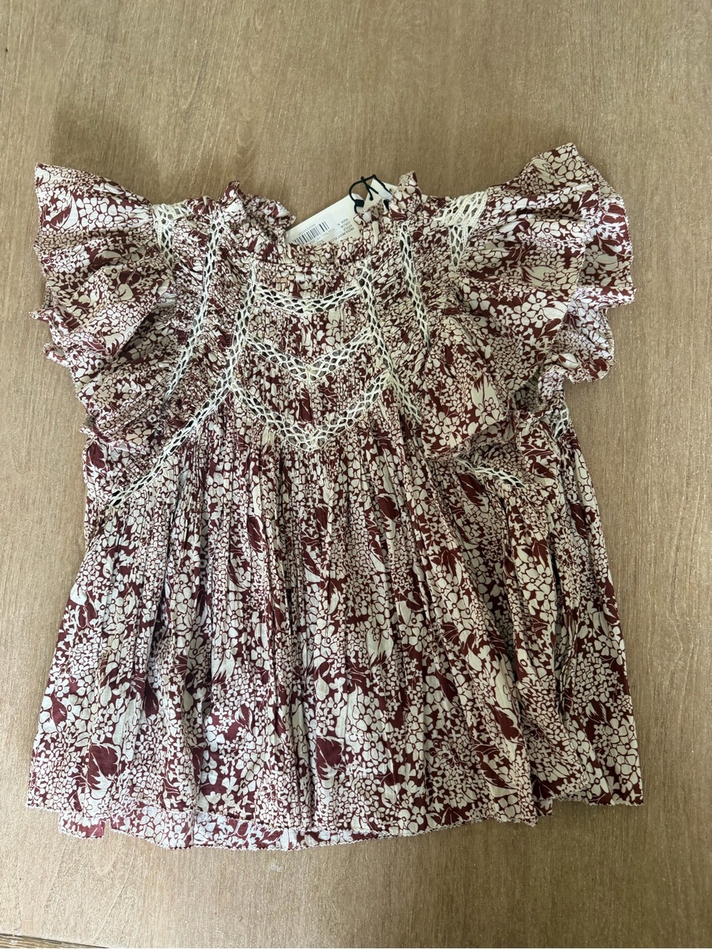Sea New York Burgundy and White Floral Ruffle Blouse